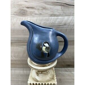 POD Studio Art Pottery Blue Chickadee Pitcher Edgecomb Maine Signed Vintage 6.5"